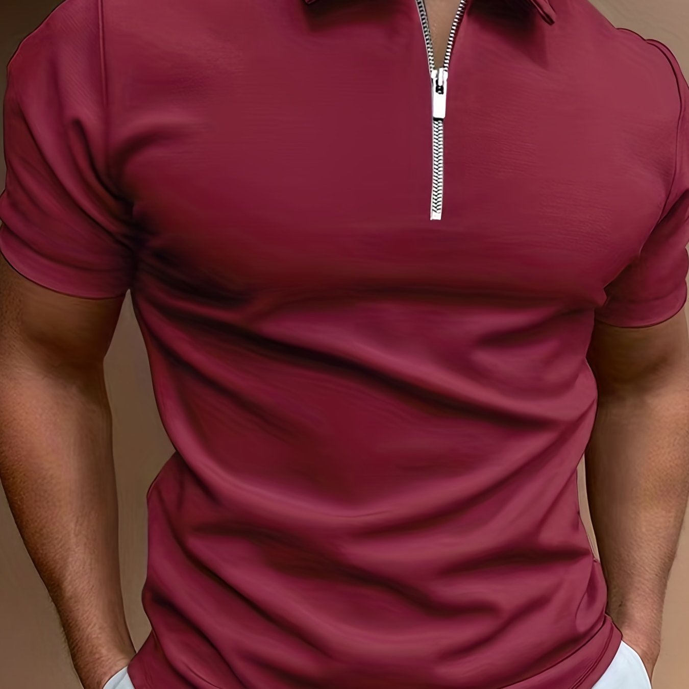 Men's White Short Sleeve Shirt with Zipper Collar Stretch Polyester Casual Golf Summer
