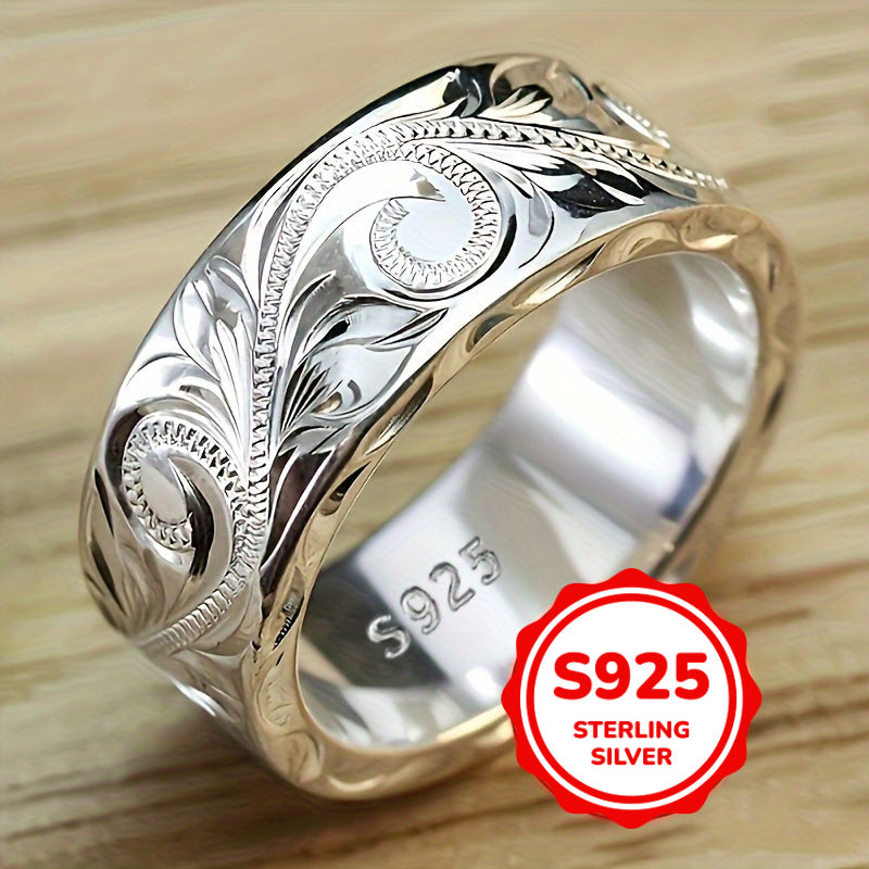 Bohemian Wide Silver Ring with Carved Leaves and Flowers for Women