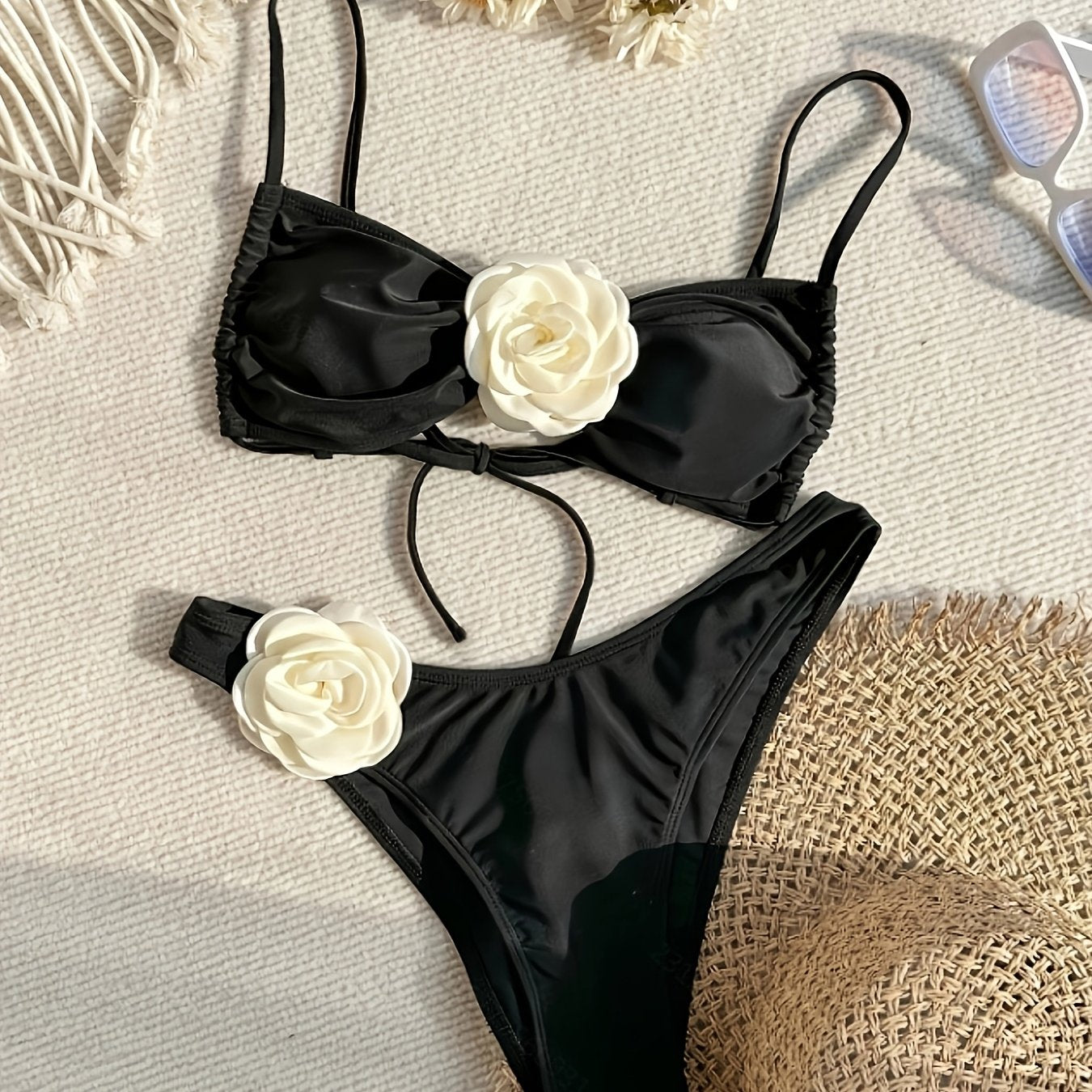 Qora 3D gul naqshli, kamonstrli, ikki qismli ayollar uchun kiyim