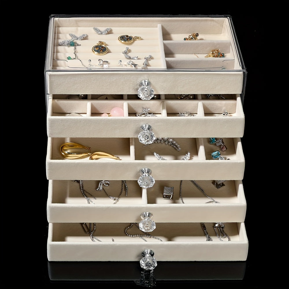 Caja de joyería de cinco capas con cajones para anillos, pendientes, pulseras y relojes. Almacenamiento de plástico con interior de tela