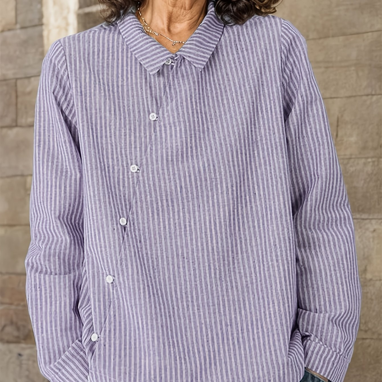 Camisa casual de algodón a rayas para mujer con cuello de solapa, corte suelto, parte delantera de botones
