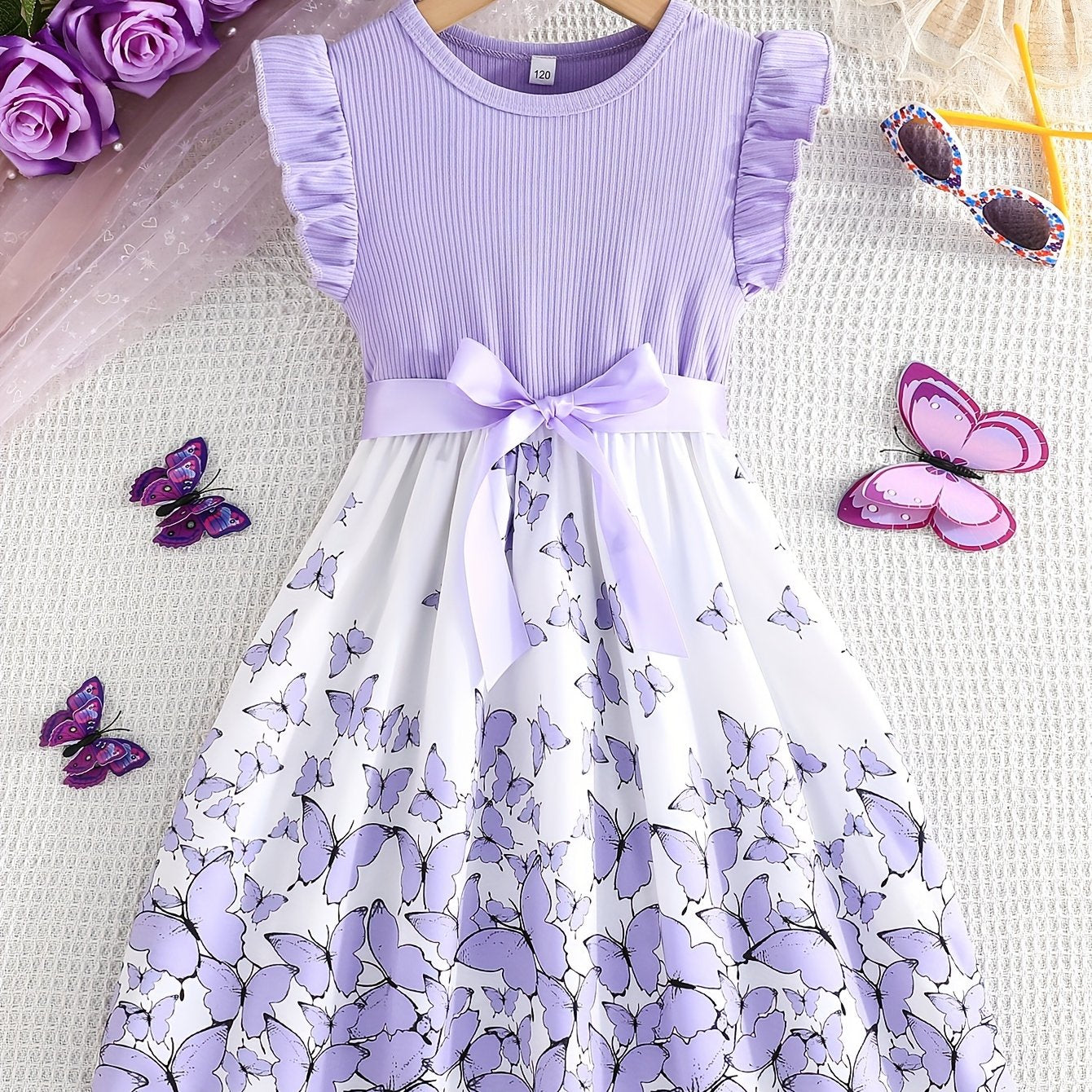 Girls Summer Butterfly Print Patchwork Dress with Belt and Sleeveless Ribbed Cuff Sleeves