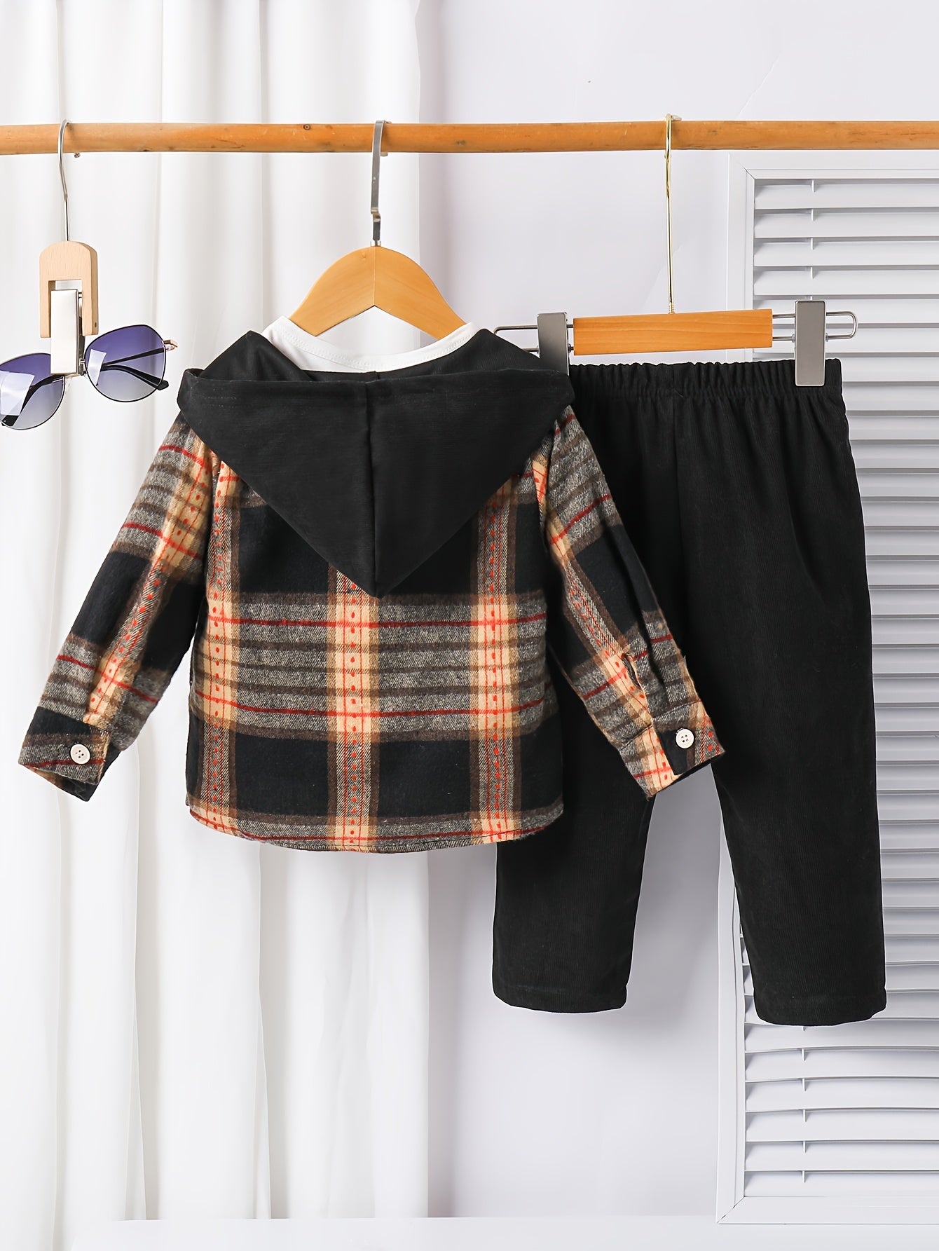 Boys Plaid Hooded Shirt and Pants Set Fall Winter Casual Polyester