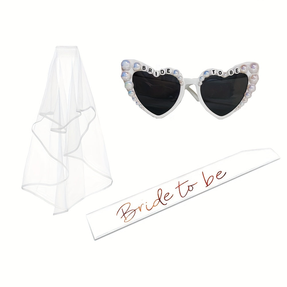 Set of 3 Bridal Bachelorette Party Glasses Sash and Veil Wedding Decorations