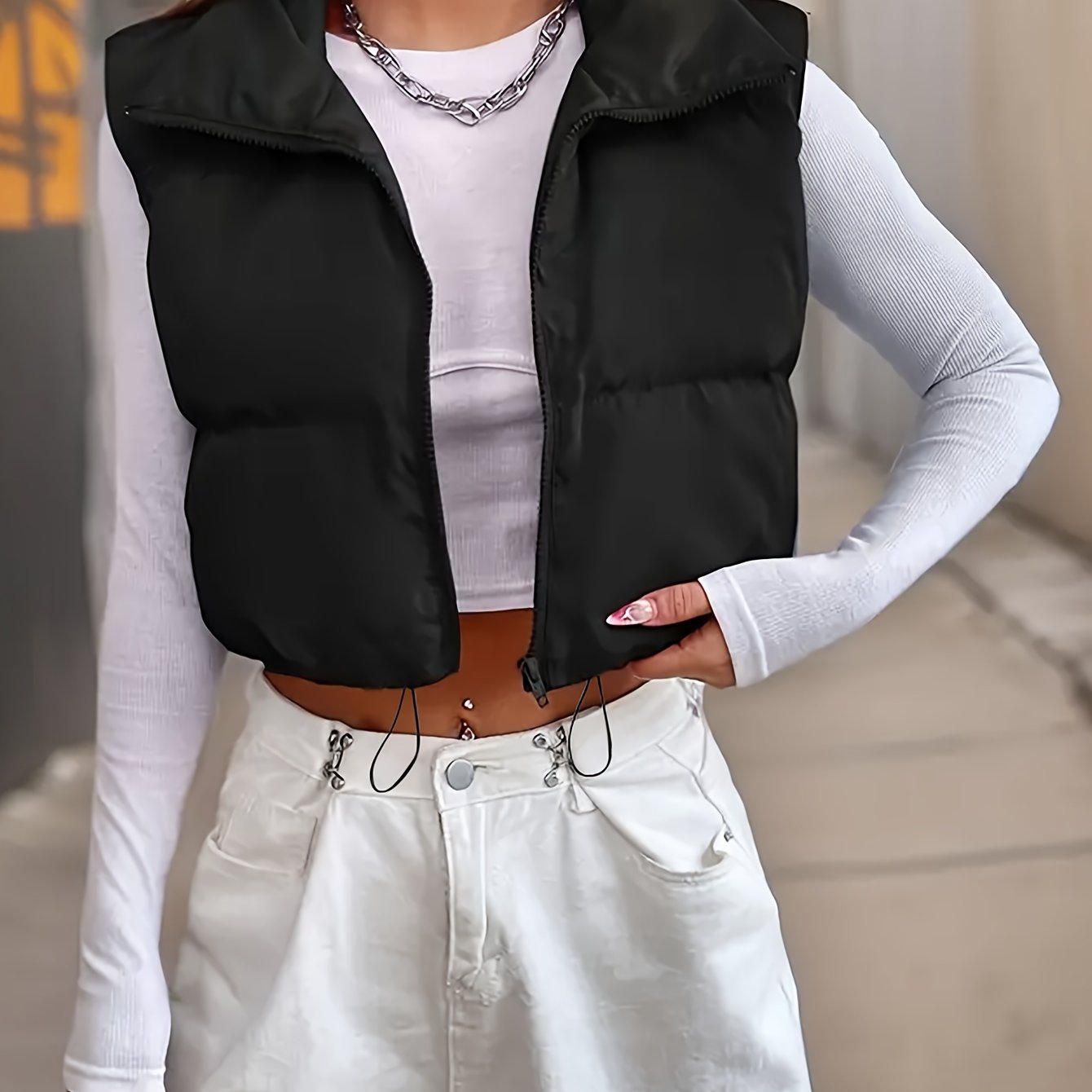 Women's Padded Vest with High Neck Drawstring Solid Polyester for Fall Winter