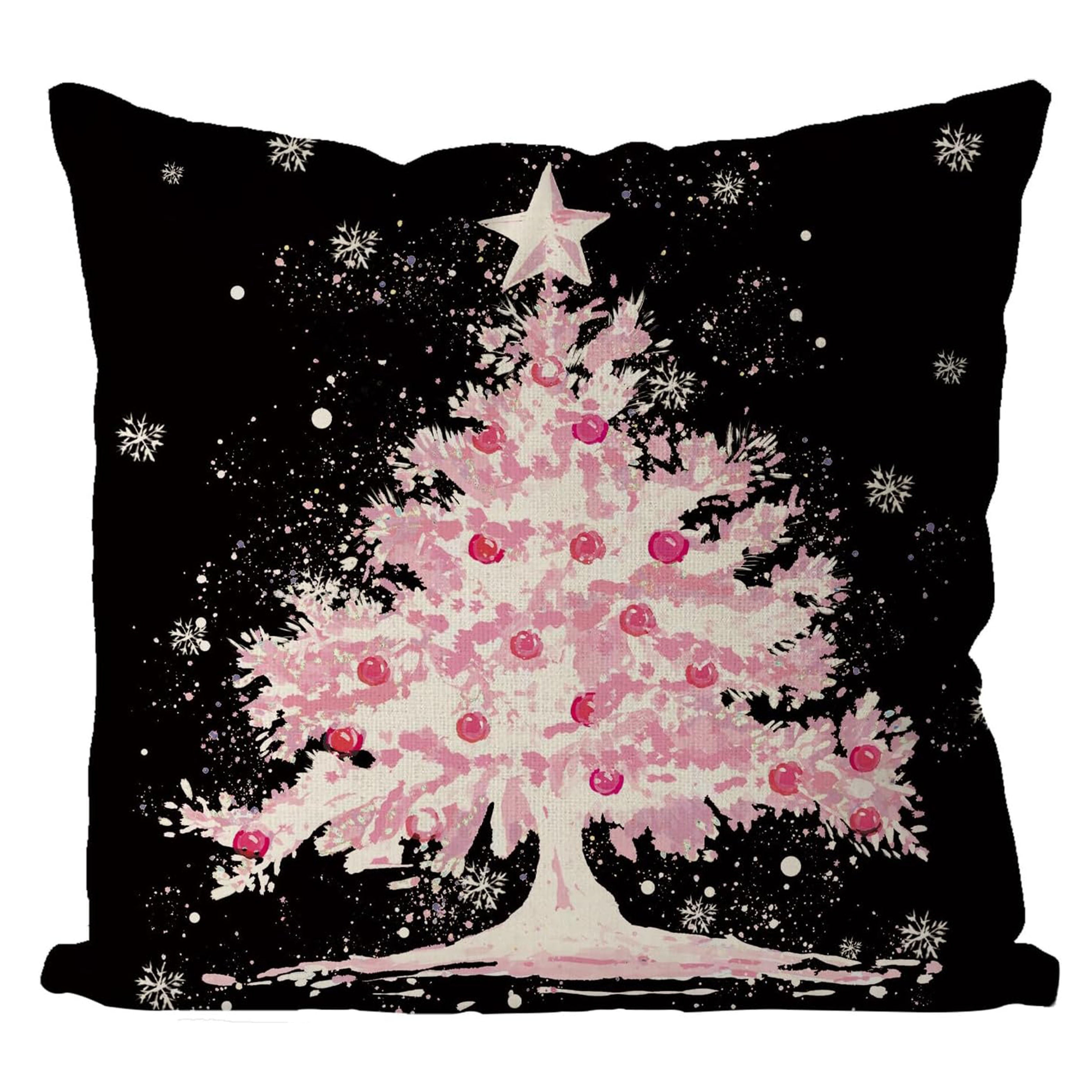 Black Linen Pillowcase with Christmas Tree Design Zip Closure Home Decor