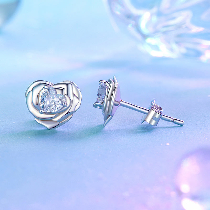 Women’s Heart and Rose Stud Earrings Hypoallergenic Sterling Silver Cubic Zirconia Gift