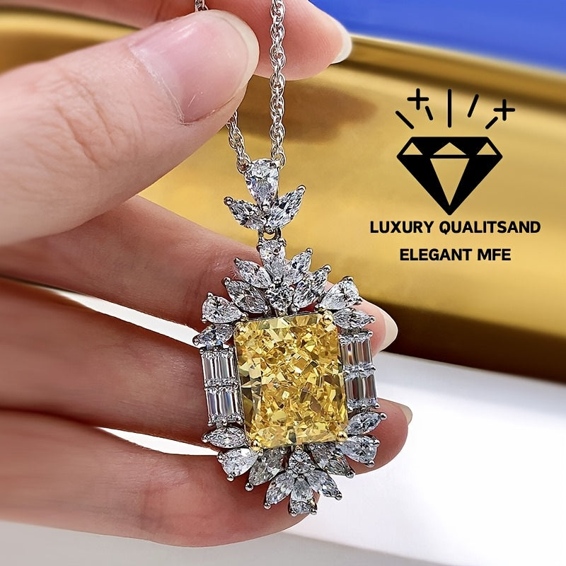 Sterling Silver Pendant Necklace with Yellow Synthetic Gemstone and Cubic Zirconia