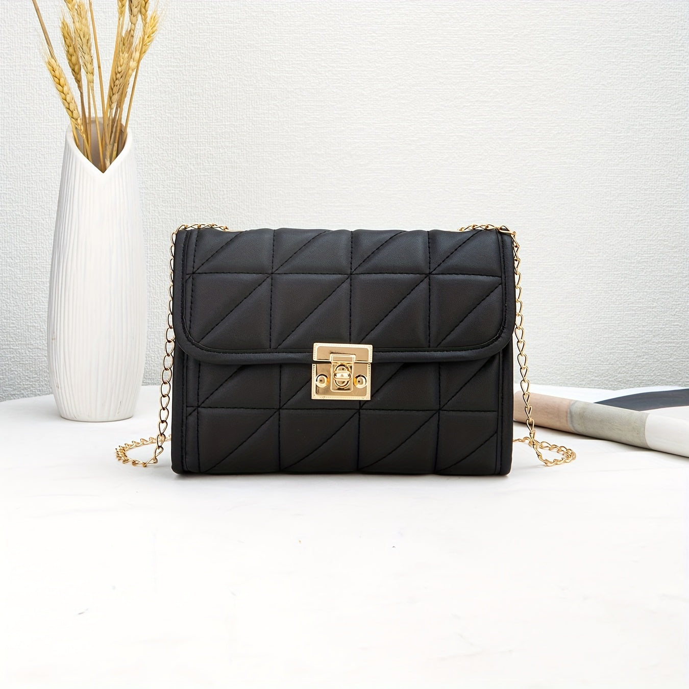 Quilted Crossbody Bag with Chain Strap Lock Closure Faux Leather Solid Color for Women