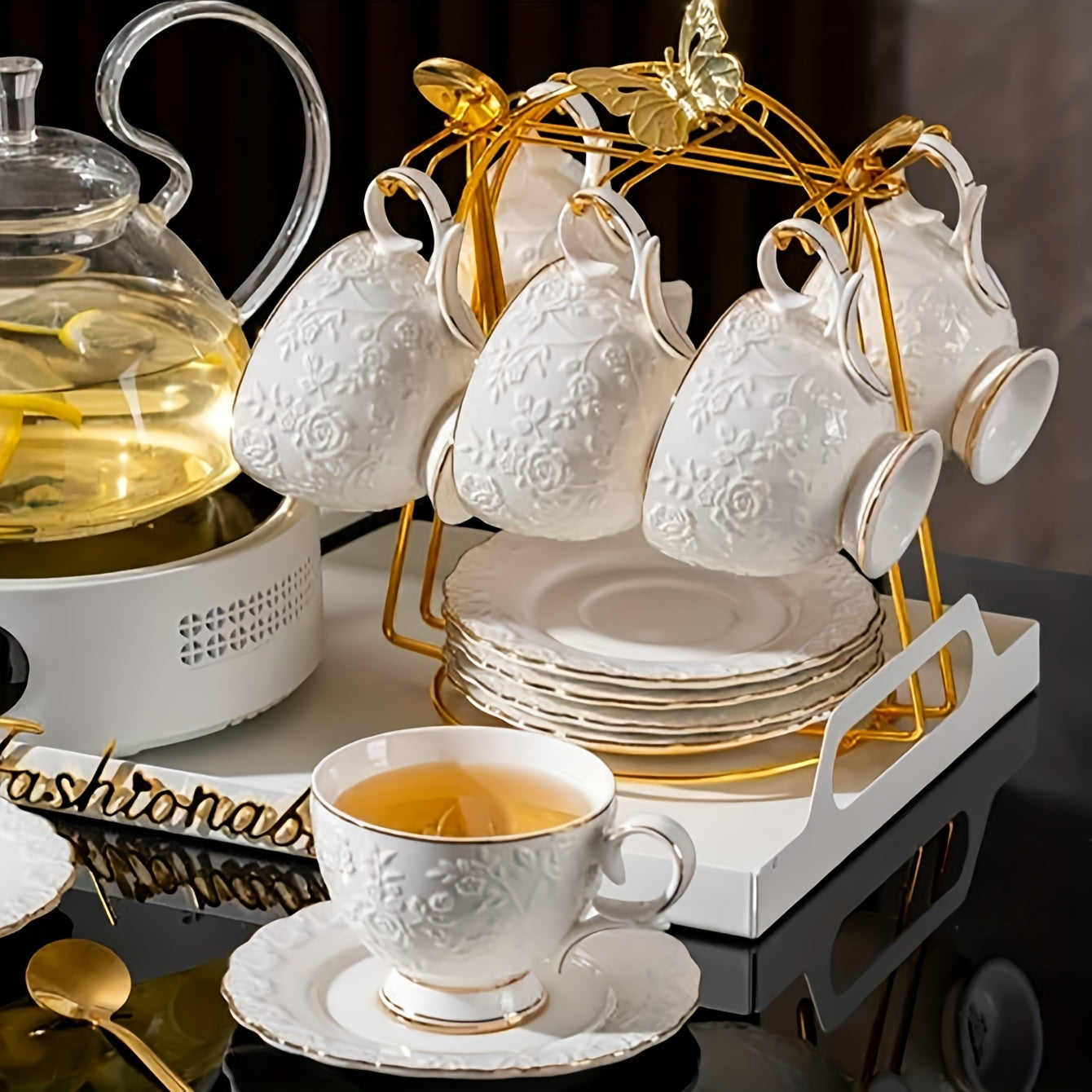 European Style Gilded Ceramic Coffee Cup and Saucer Set Embossed Gold Edges for Tea Latte Breakfast