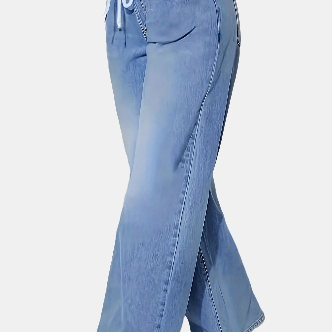 Women's Light Blue Elastic Waist Wide Leg Jeans with Drawstring and Slant Pockets