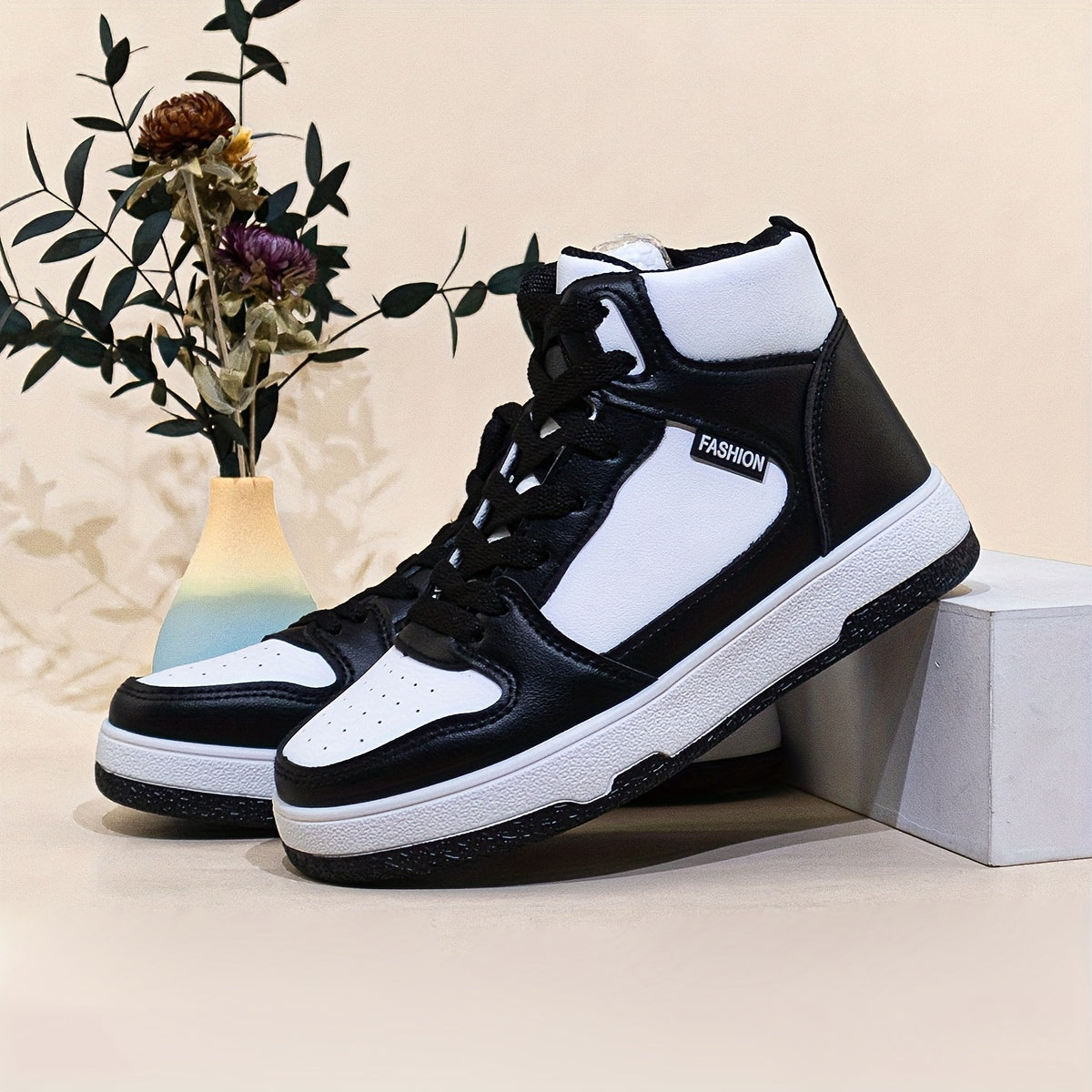 Women's High-Top Sneakers Colorblock Lace-Up Casual Shoes Non-Slip Sole
