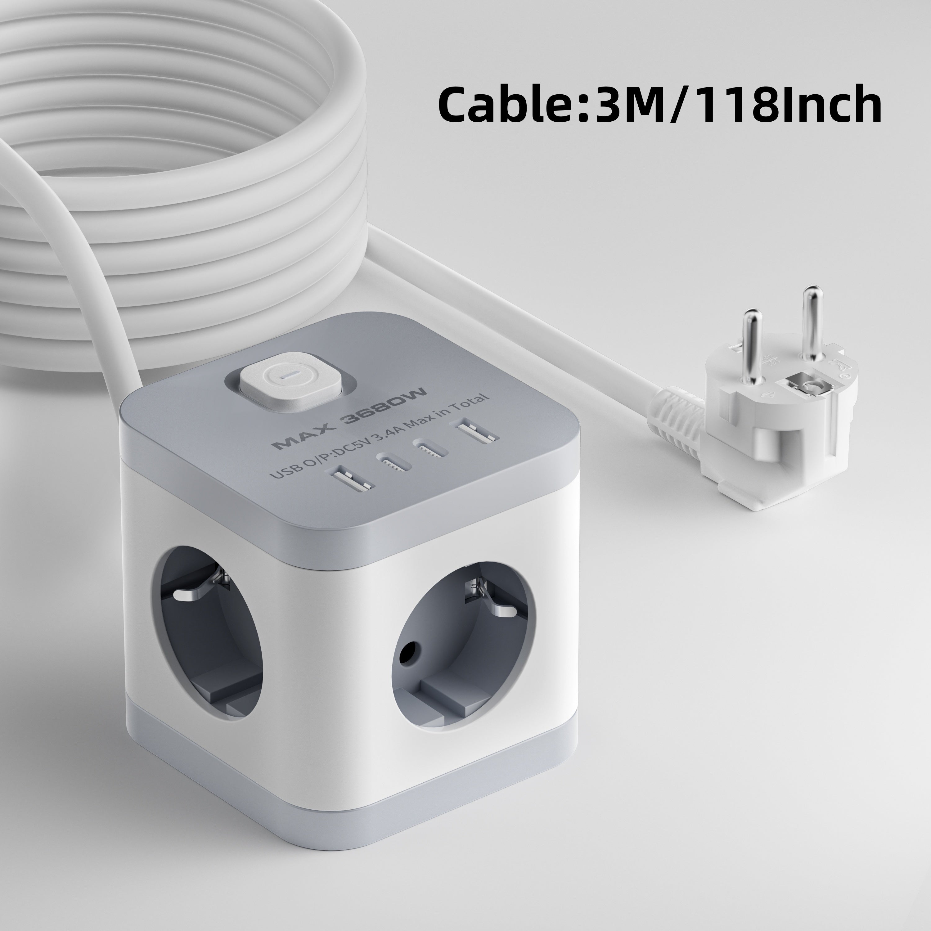 Power Strip with USB Port European Plug 220V 16A 3680W Travel Power Adapter