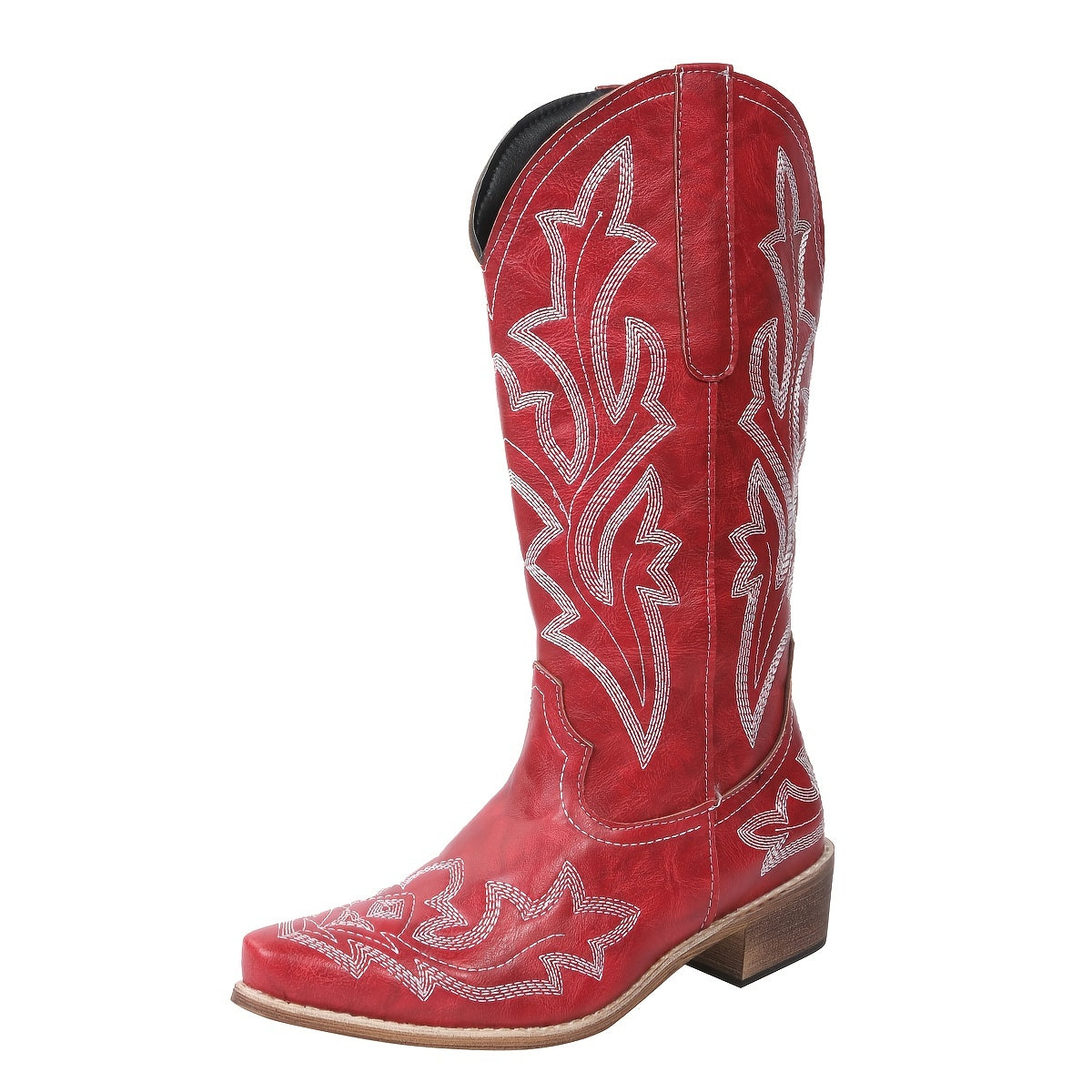 Women's Mid Calf Leather Western Cowboy Boots With Embroidery