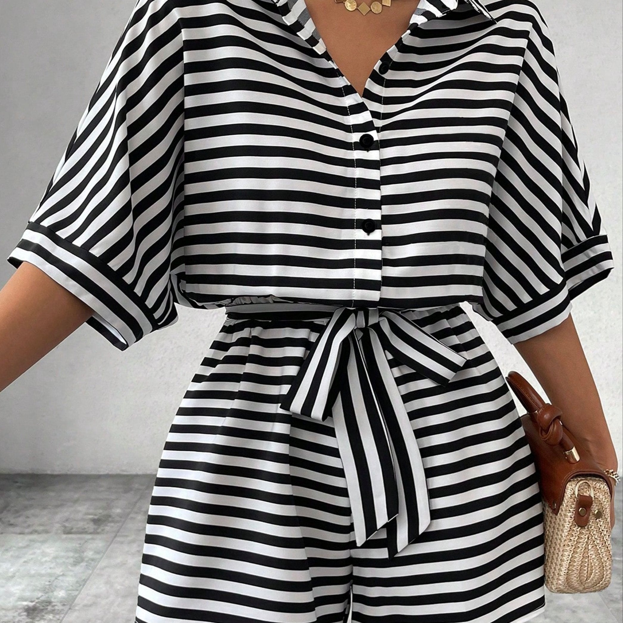 Women's Striped Button Front Romper Jumpsuit with Belt Short Sleeve Spring Summer