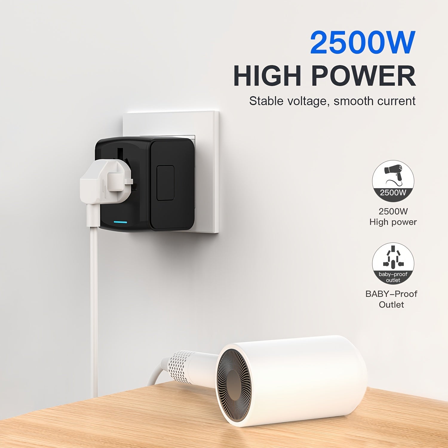 Adaptador de viaje universal de 2500W con protección de seguridad para más de 150 países, compacto y portátil