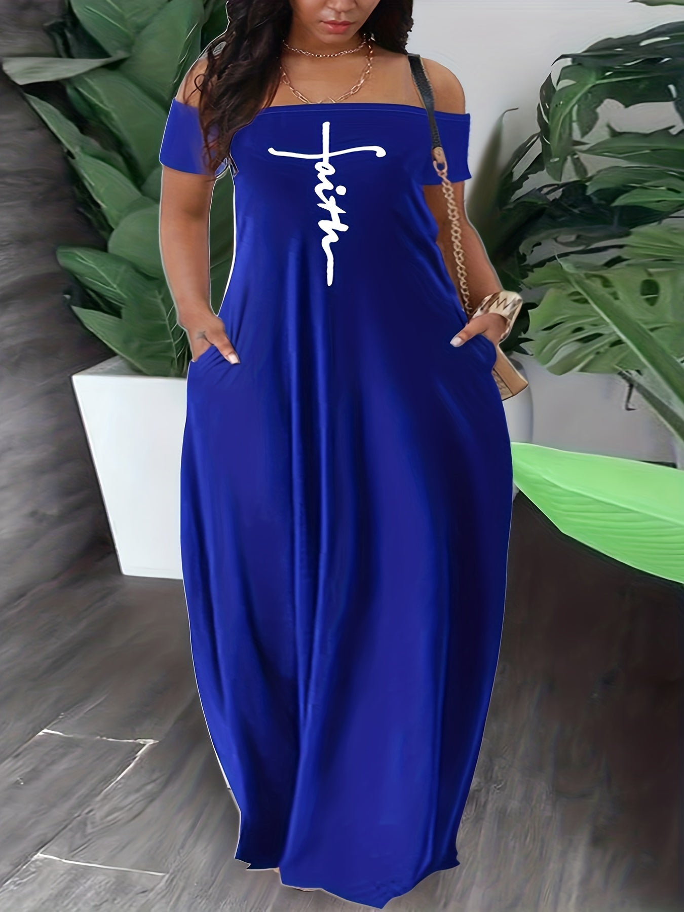 Plus Size Off-Shoulder Maxi Dress with Pockets and Cross Letter Print