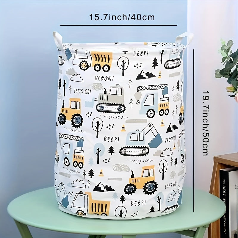 Portable Canvas Laundry Basket with Cartoon Print for Clothes and Toy Storage