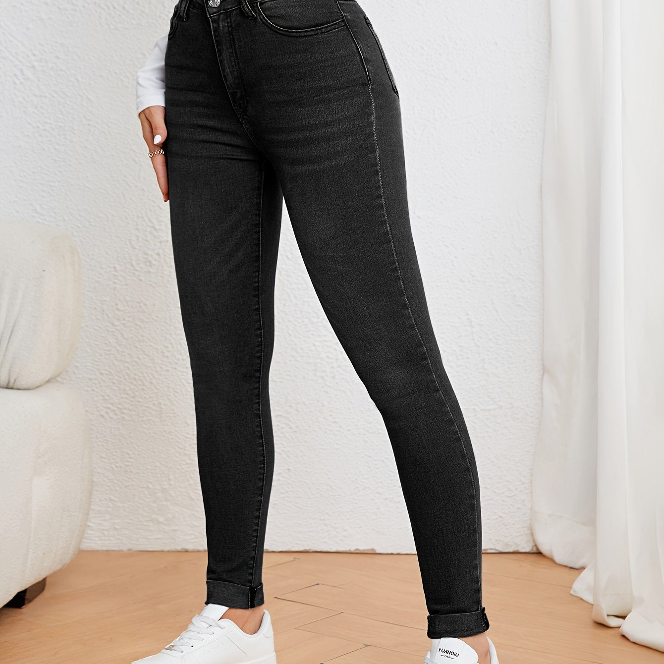 Women's Skinny Jeans Solid Color Washed Denim Medium Stretch Woven Fabric Casual All-Season