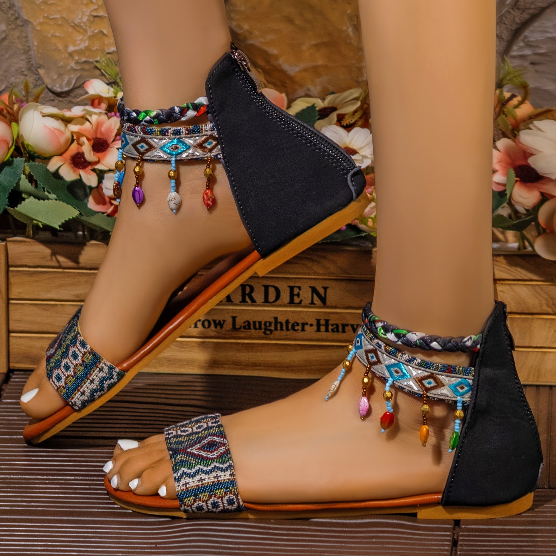 Women's Bohemian Beaded Flat Sandals with Ankle Straps Open Toe