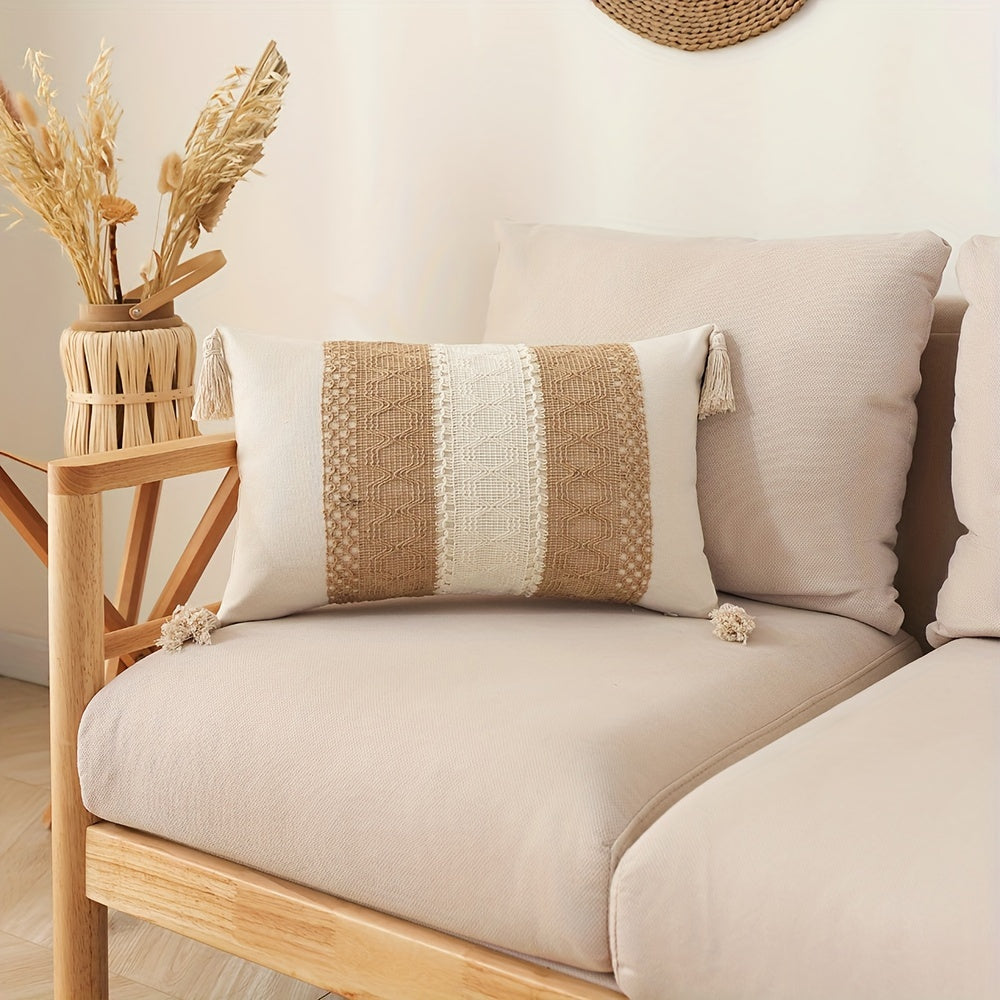 Bohemian Fringe Pillow Cover Geometric Pattern Orange Beige White Cushion Case for Sofa Decor