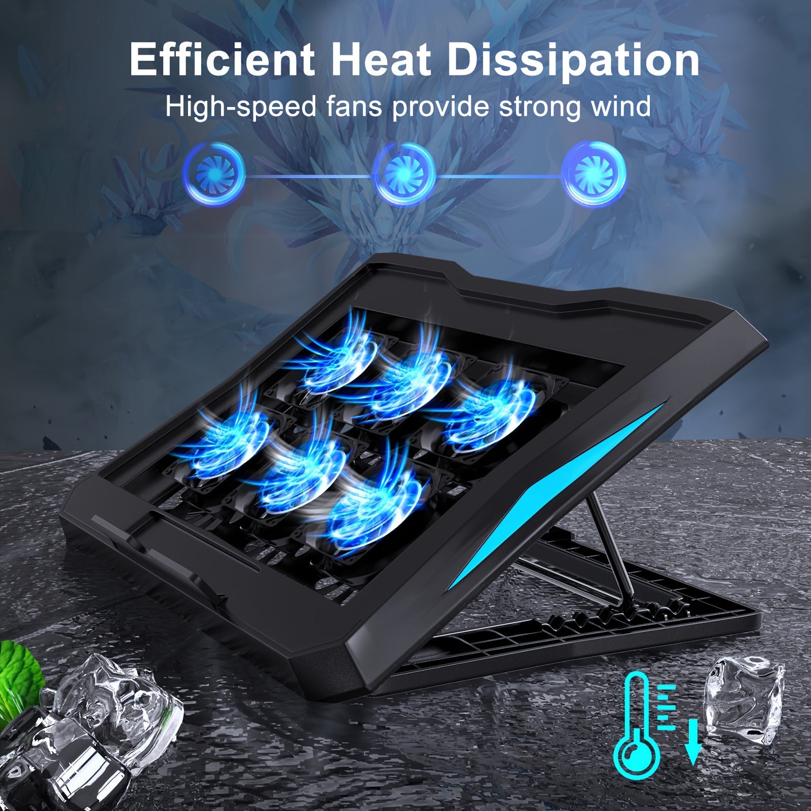 Laptop Cooling Stand with 6 Fans Adjustable Height LED Light USB Ports for 22.86-39.62 cm Laptops