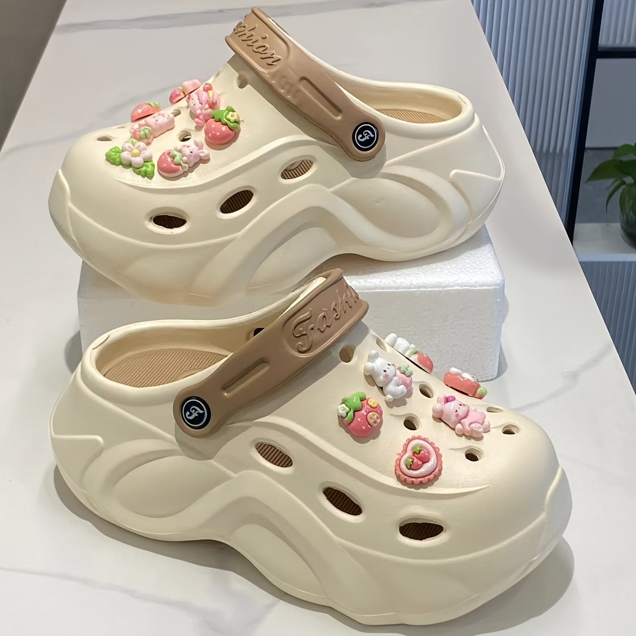 Women's EVA Hole Shoes with Pink Bunny Heel Sunflower Accessories