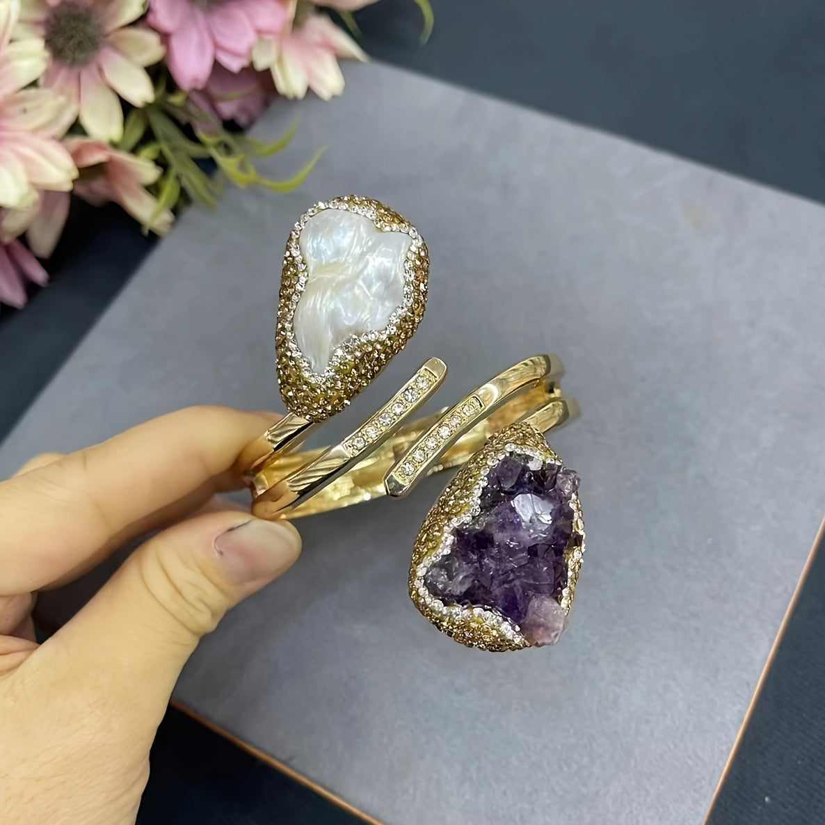 Natural Uruguayan Amethyst Baroque Pearl Beaded Bracelet for Women Copper Jewelry