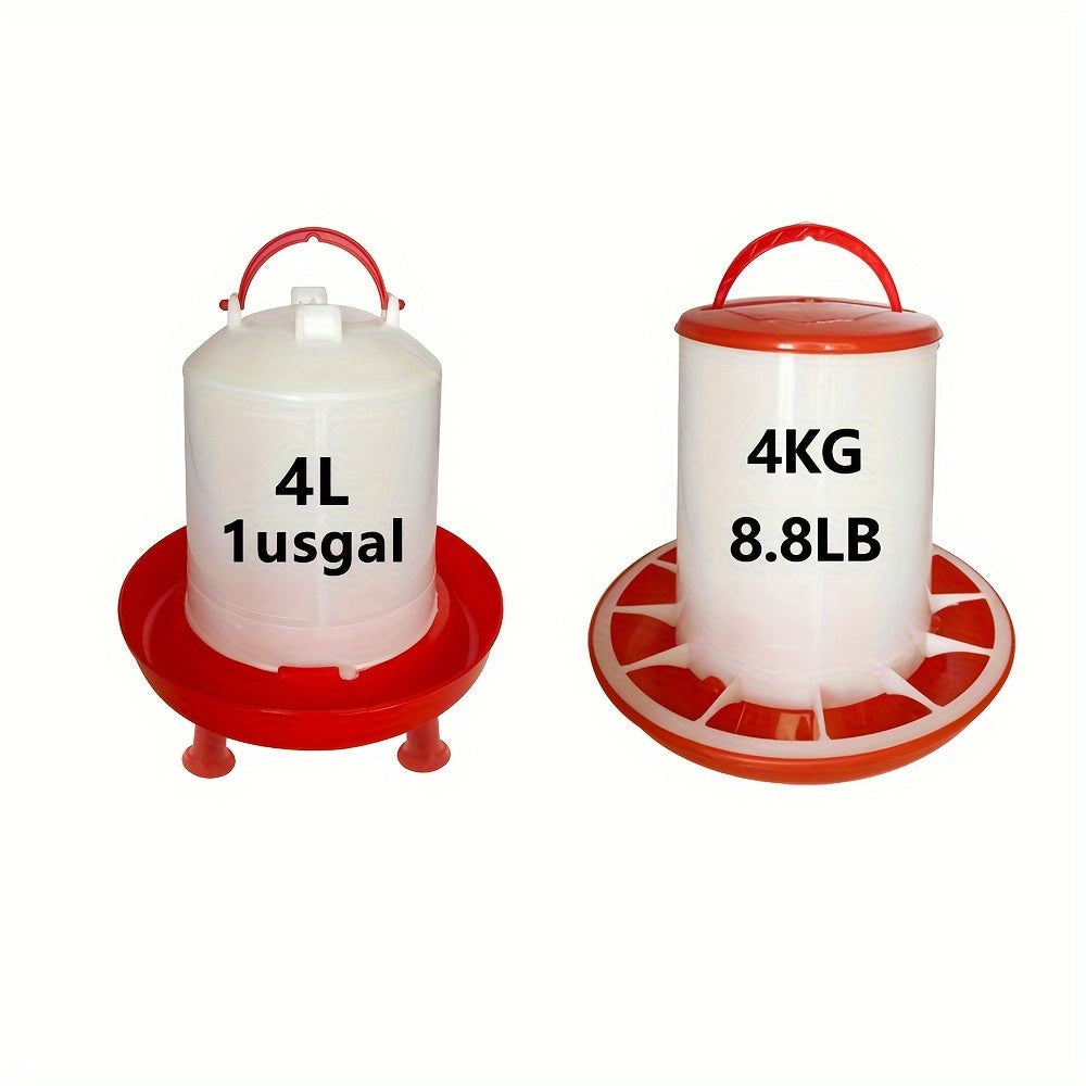 Tovuq ozuqasi va suv tarqatish to'plami yuqori zichlikdagi 4KG ozuqa tarqatgich va 4L suv idishini o'z ichiga oladi. Mustahkam polipropilen material, osma tutqichlar va siqishdan qaytish dizayni bilan ajralib turadi.