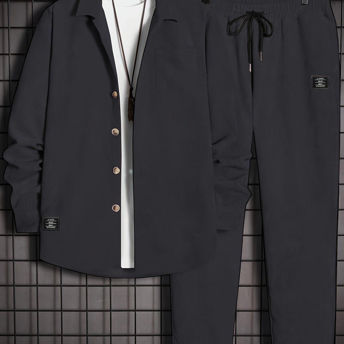 Conjunto casual de pana para hombre, camisa de manga larga con botones y pantalones con cordón para otoño e invierno