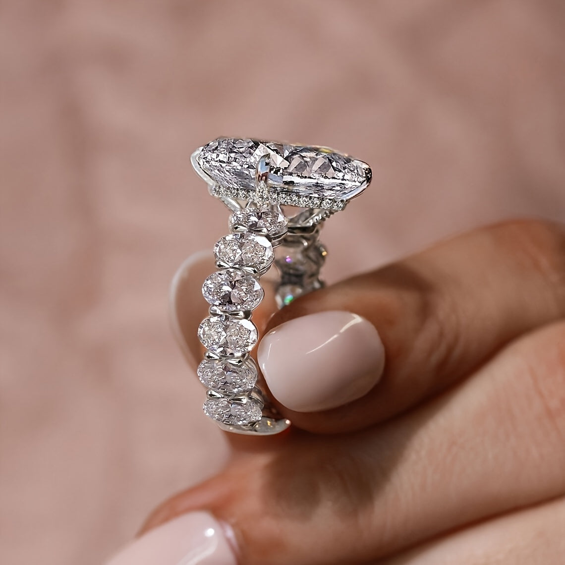 Oval Synthetic Zirconia Engagement Ring for Women Copper White Gold Plated Jewelry