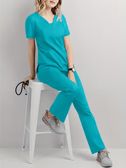 Women's Scrub Set V-Neck Top and Drawstring Pants Breathable Polyester Spandex Medical Uniform