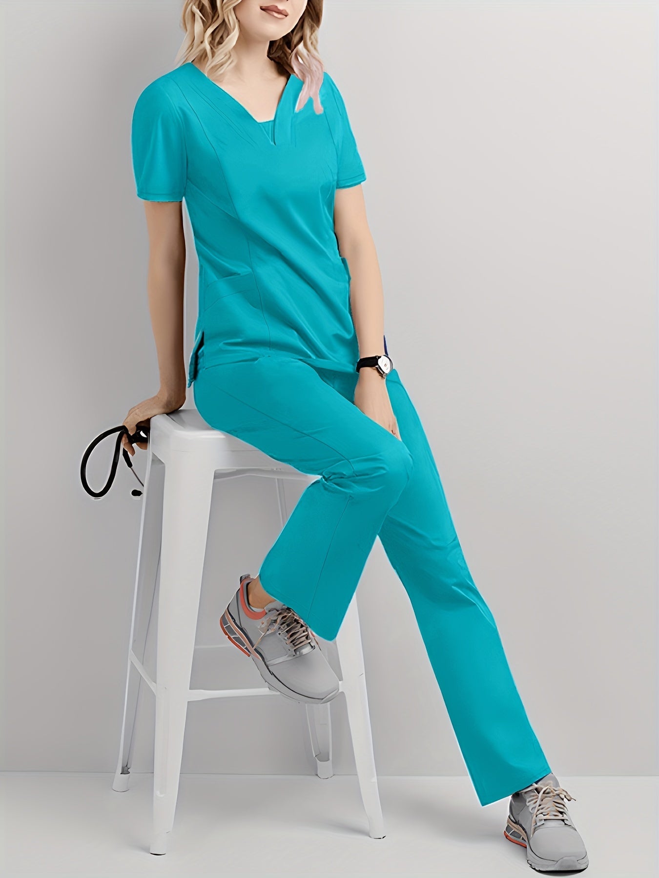 Women's Scrub Set V-Neck Top and Drawstring Pants Breathable Polyester Spandex Medical Uniform