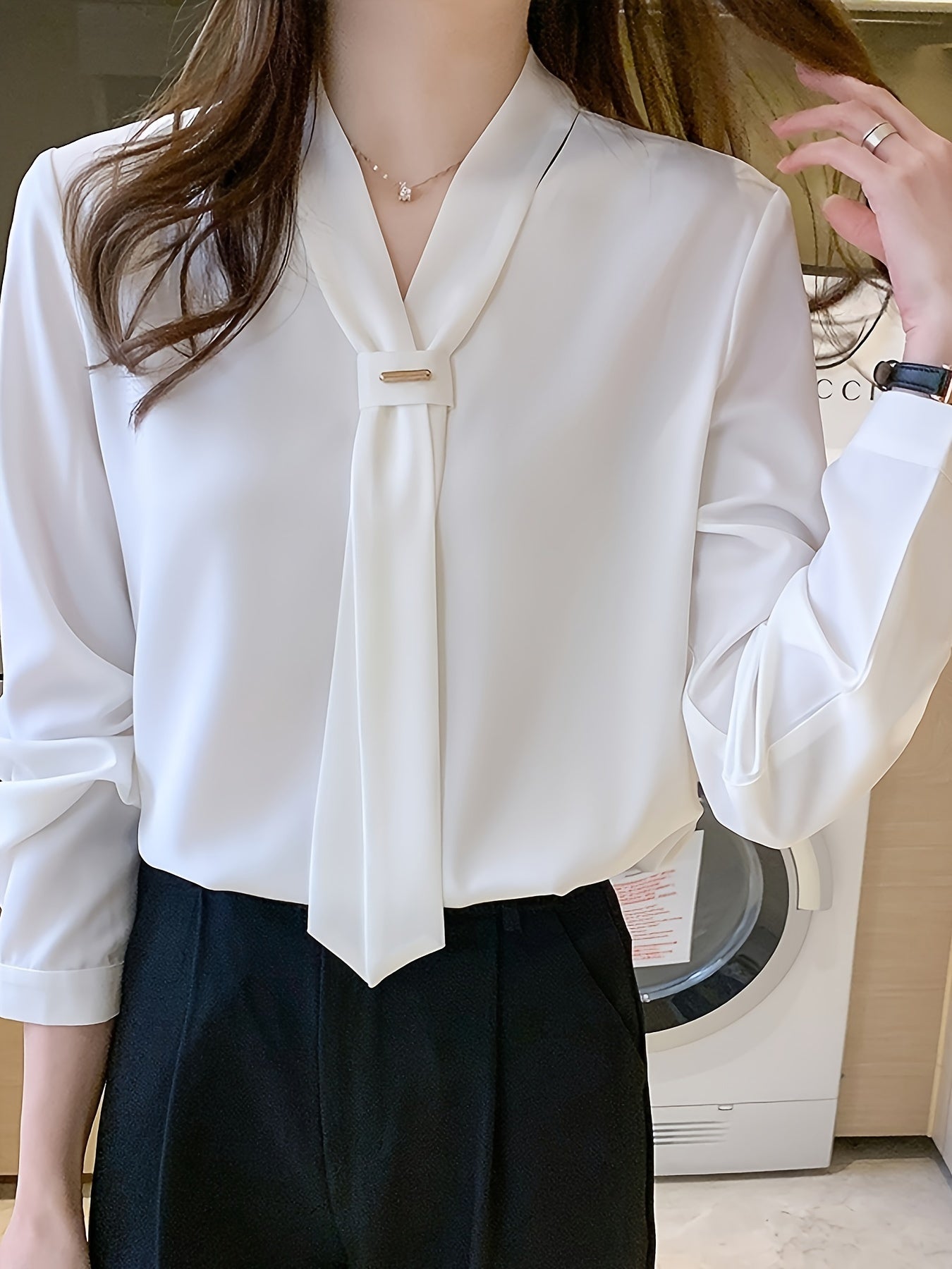 White Chiffon Blouse for Women Tie Neck Long Sleeve Solid Dressy Casual