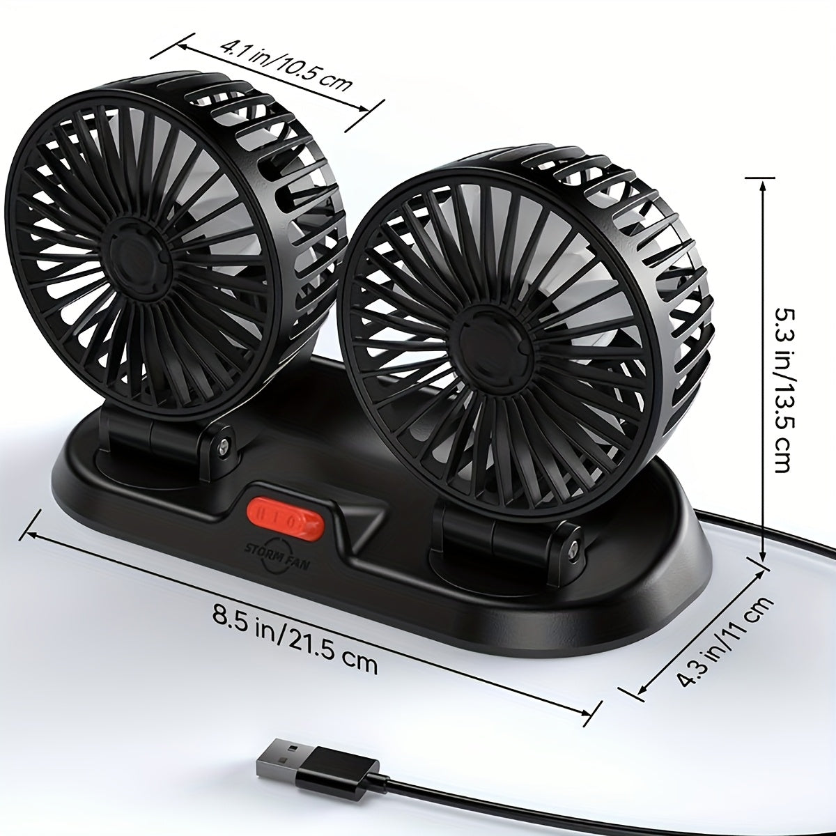 USB Rechargeable Portable Car Dual Fan with Adjustable Speed and Rotatable Heads