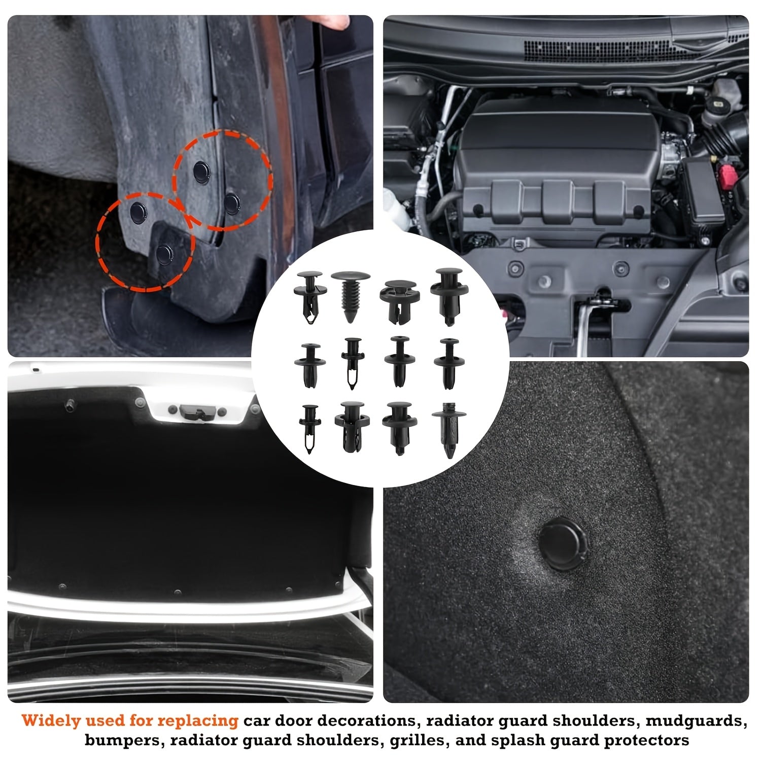 Avtomobil qisqichlari to'plami, nylonga yopishtiriladigan bumpers, rivetlar, loyqa qoplamalar, kabellarni bog'lash uchun