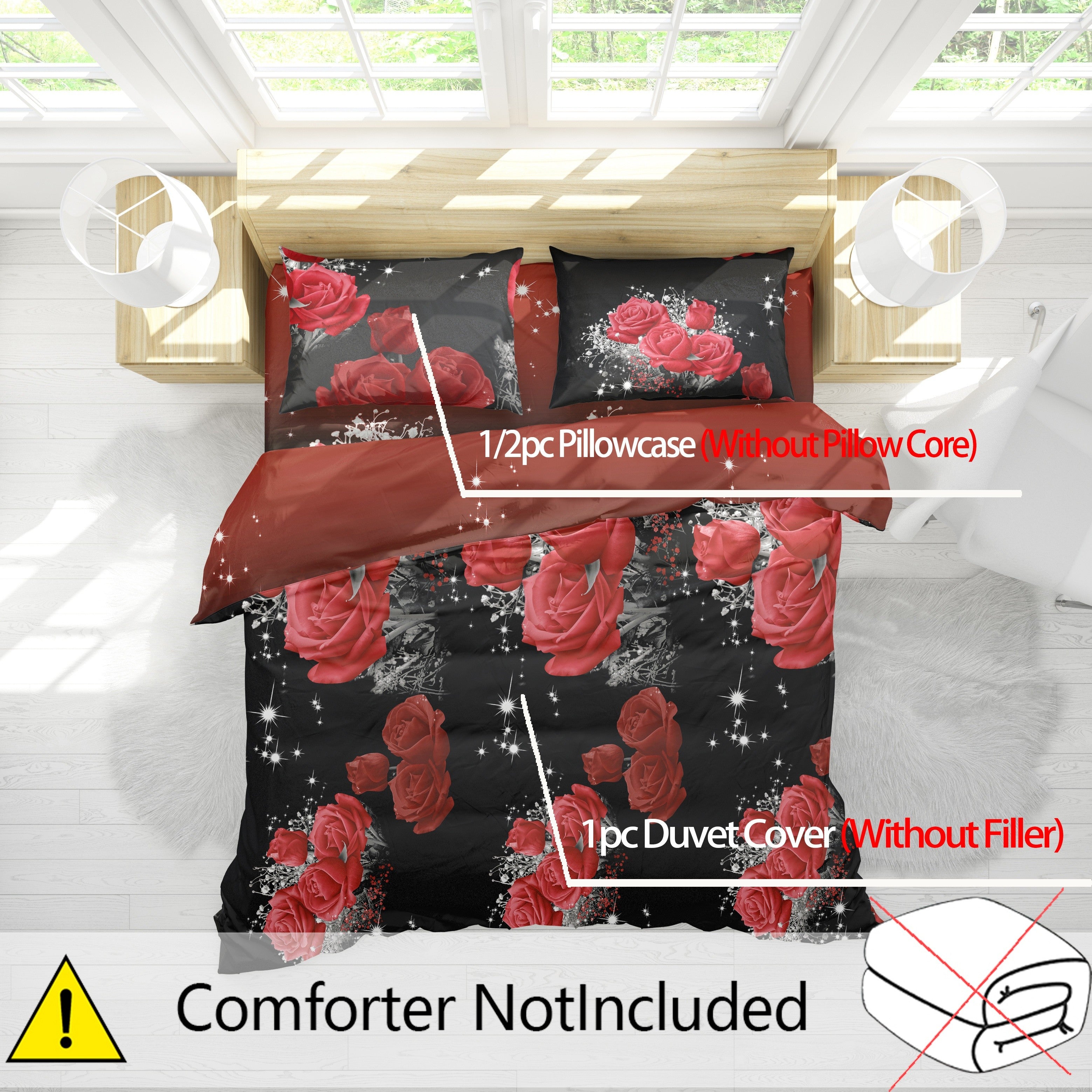 Комплект постельного белья с принтом красной розы включает 2/3 предмета с покрывалом и наволочками. Этот комплект декора для спальни не включает наполнитель. Каждый комплект содержит 1 покрывало и 1 или 2 наволочки, без подушечного ядра.