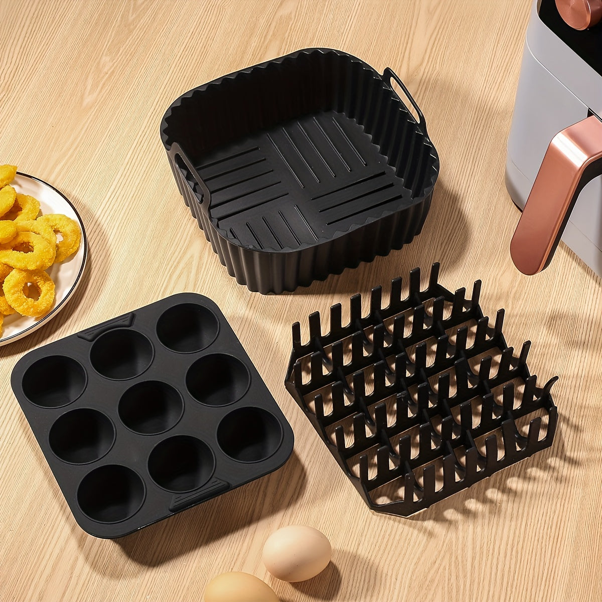 Square Silicone Air Fryer Accessories Set with Bacon Rack Cake Mold and Liner Black