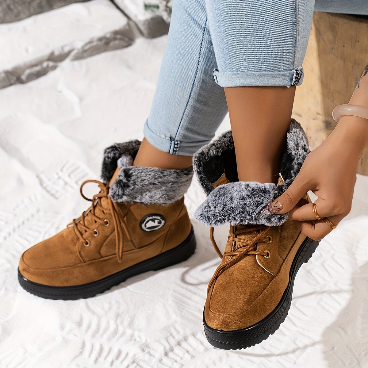 Ladies Winter Faux Leather Lace-Up Snow Boots Waterproof Anti-slip