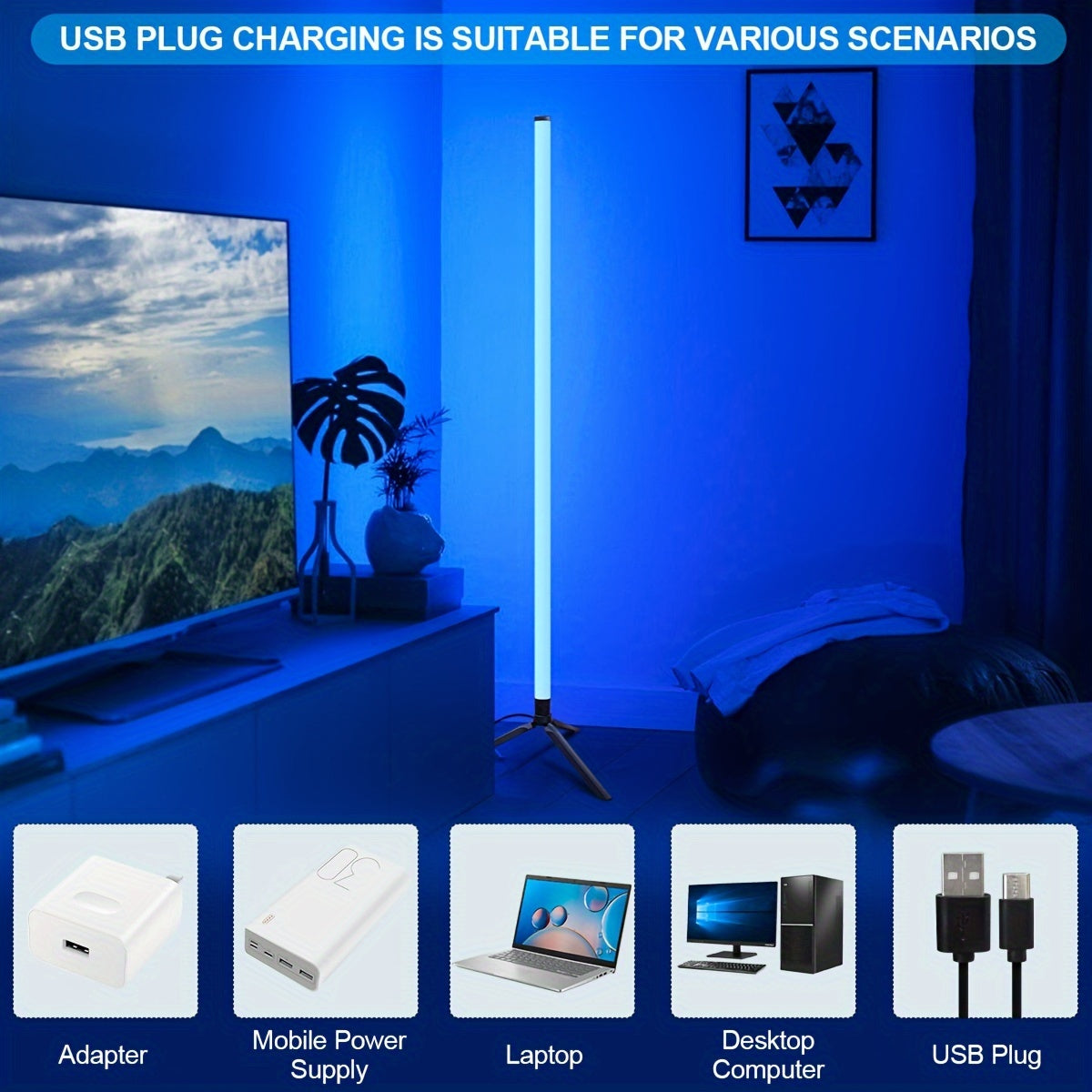 RGB Color Changing LED Floor Lamp with Music Sync Remote Control Adjustable Height 105cm USB Power for Dance Rooms Game Rooms and Parties