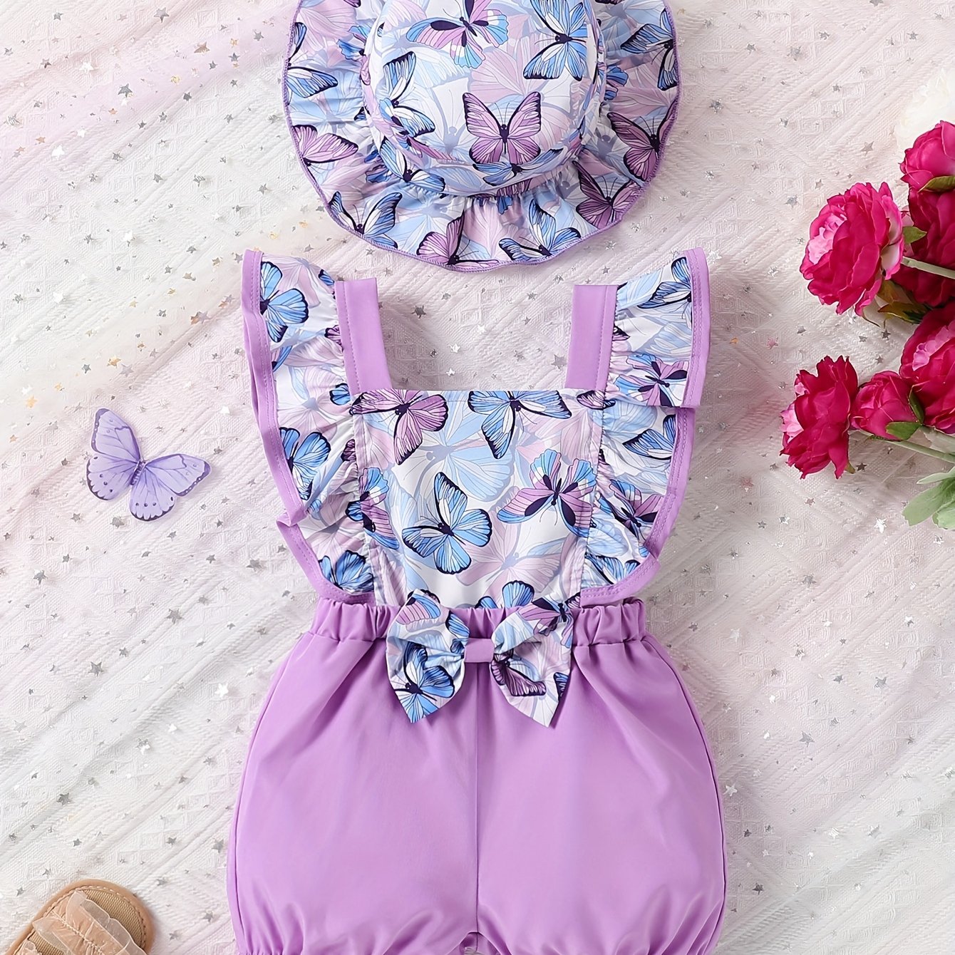 Baby Girl Jumpsuit with Sunflower and Butterfly Print, Bow Detail, Summer Toddler Clothing