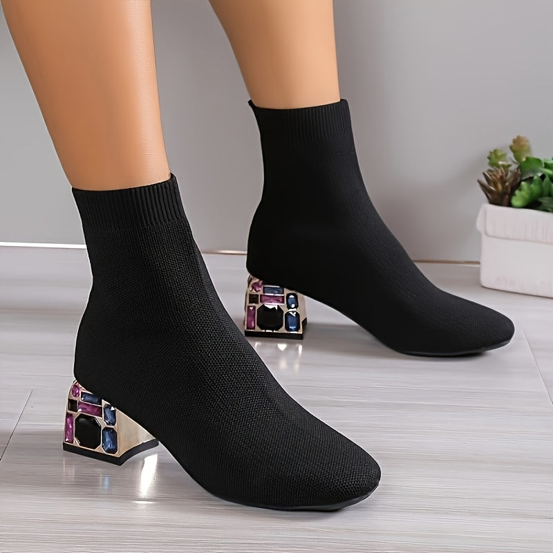 Women's Knit Ankle Boots with Chunky Heels Black Ribbed Slip-On Shoes