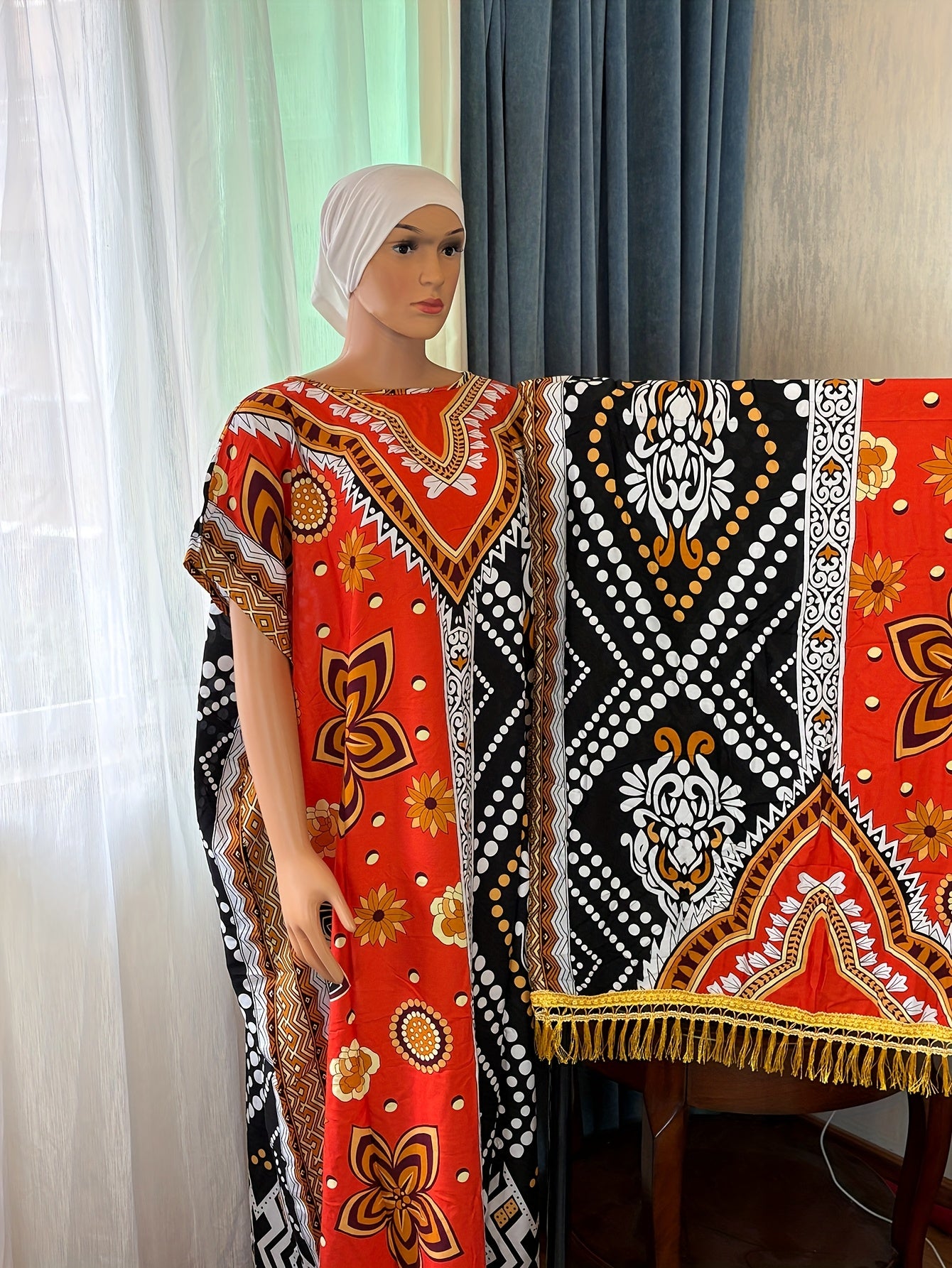 Plus Size Womens Red Black Geometric Kaftan Summer Dress Casual Tassel