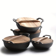 Traditional Chinese Wok Set with Wooden Lid Non-Stick Cast Iron Cookware Kitchen Accessories
