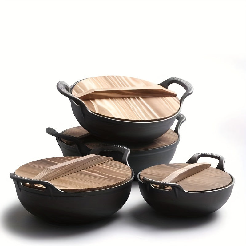Traditional Chinese Wok Set with Wooden Lid Non-Stick Cast Iron Cookware Kitchen Accessories