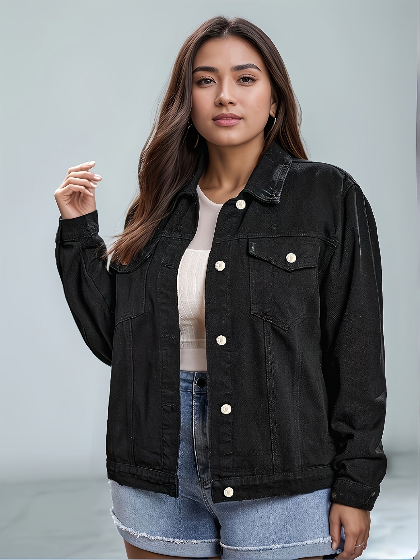 Women's Plus Size Denim Jacket Long Sleeve Black Casual Spring Outerwear