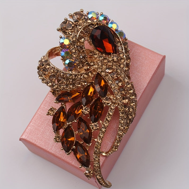 Vintage-Inspired Large Crystal Glass Brooch Pin Elegant Rhinestone Corsage for Bridal Gowns Gold-Tone Floral Design Pinkish-Brown Stones