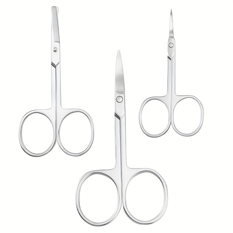 Pack de 3 tijeras pequeñas de acero inoxidable curvas y redondeadas para cejas, barba, bigote y rostro