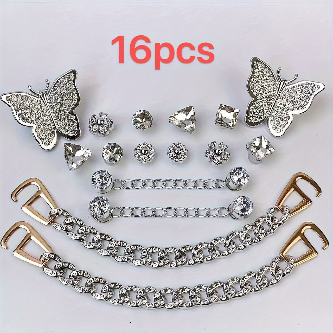 Women Shoe Accessories Set 14/16pcs Bone Butterfly Sunflower Chains for Hole Shoes