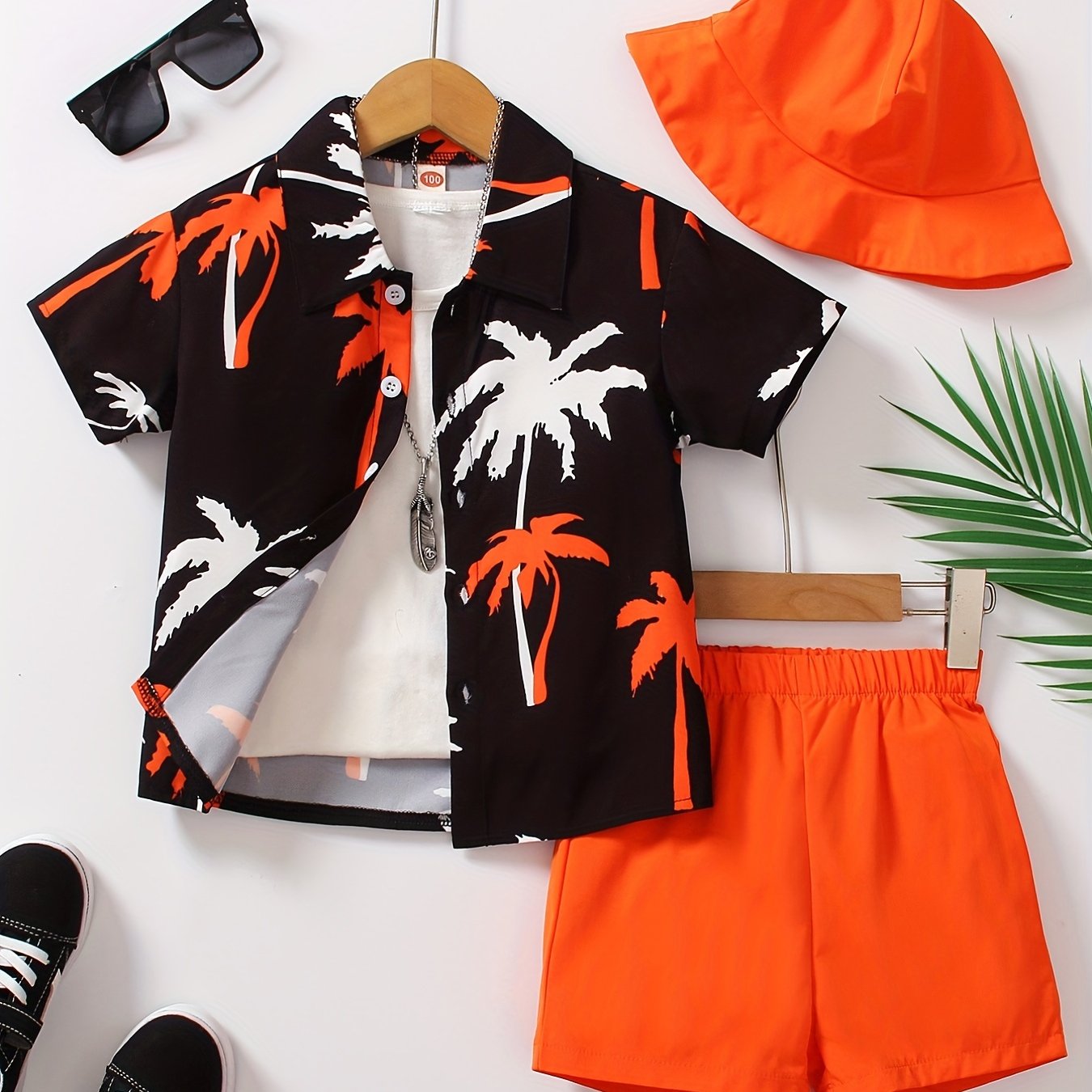 Boys Summer Clothing Set with Coconut Tree Graphic Shirt Shorts Hat for Kids